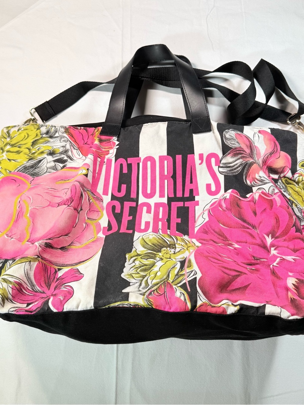 Victoria’s Secret Floral Striped Canvas Weekender Duffle Tote Bag